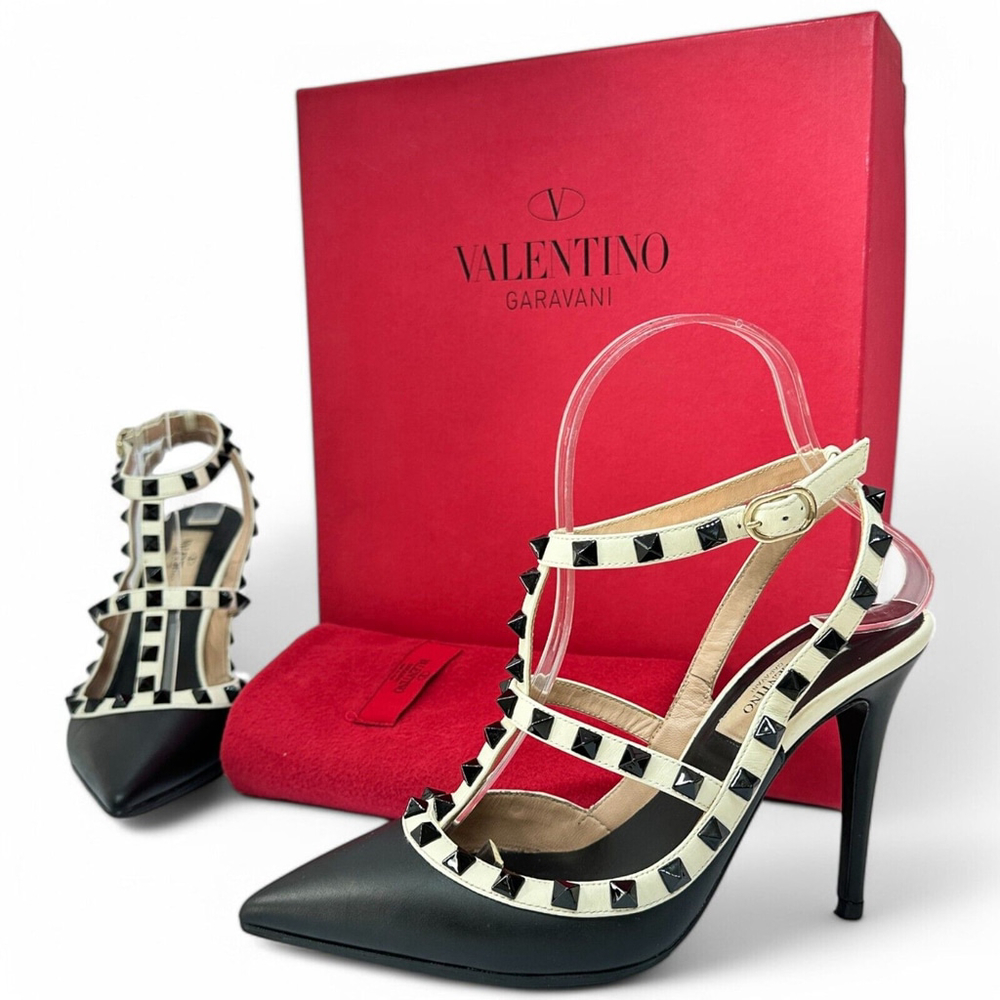 Valentino Rockstud Ankle Strap 100mm Pumps 36.5 Black Light Ivory Leather - Picture 2 of 14